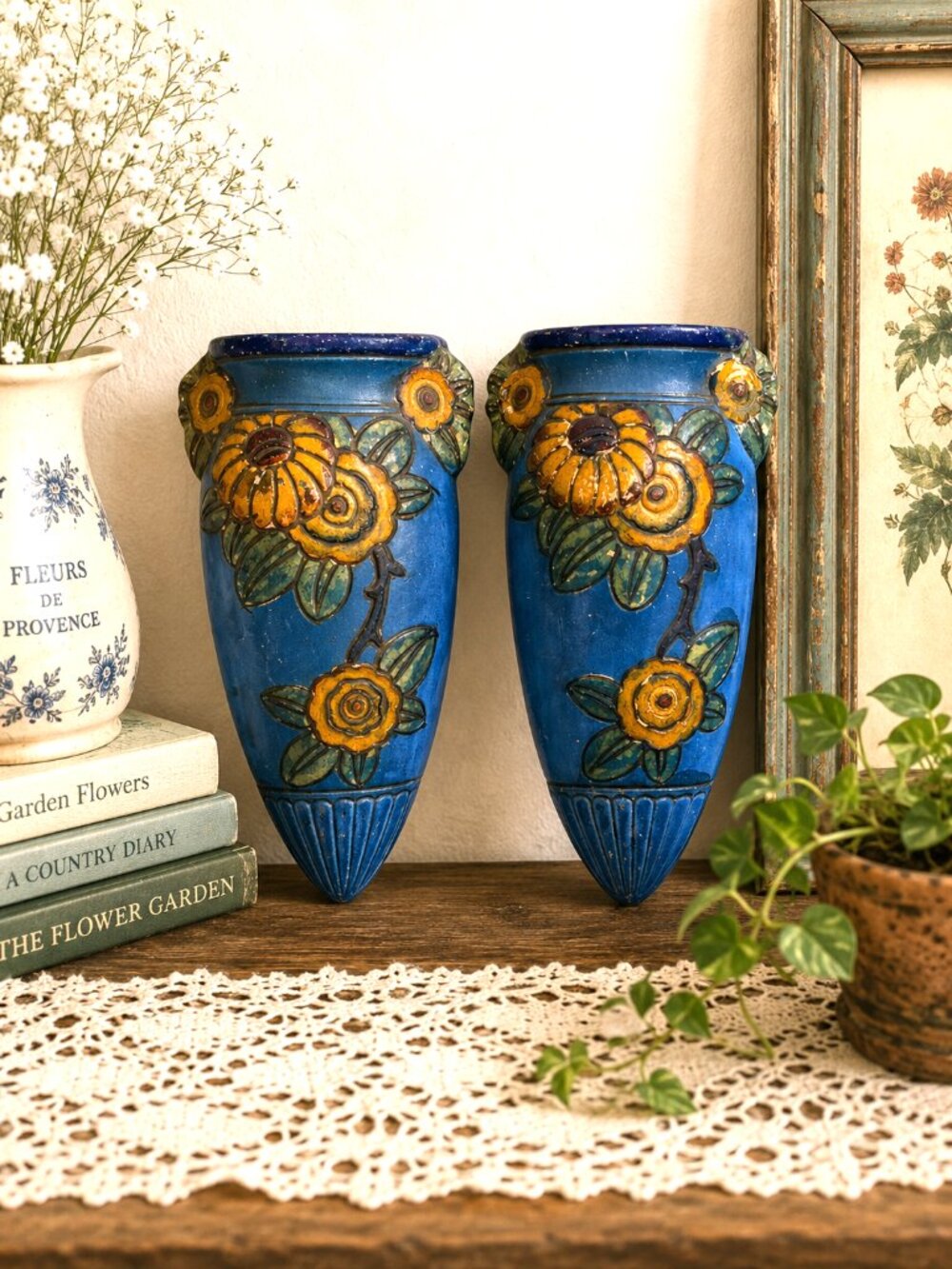 Vintage Japan Floral Wall Pocket Vase Pair Blue Yellow Cottagecore Folk Art 8.25